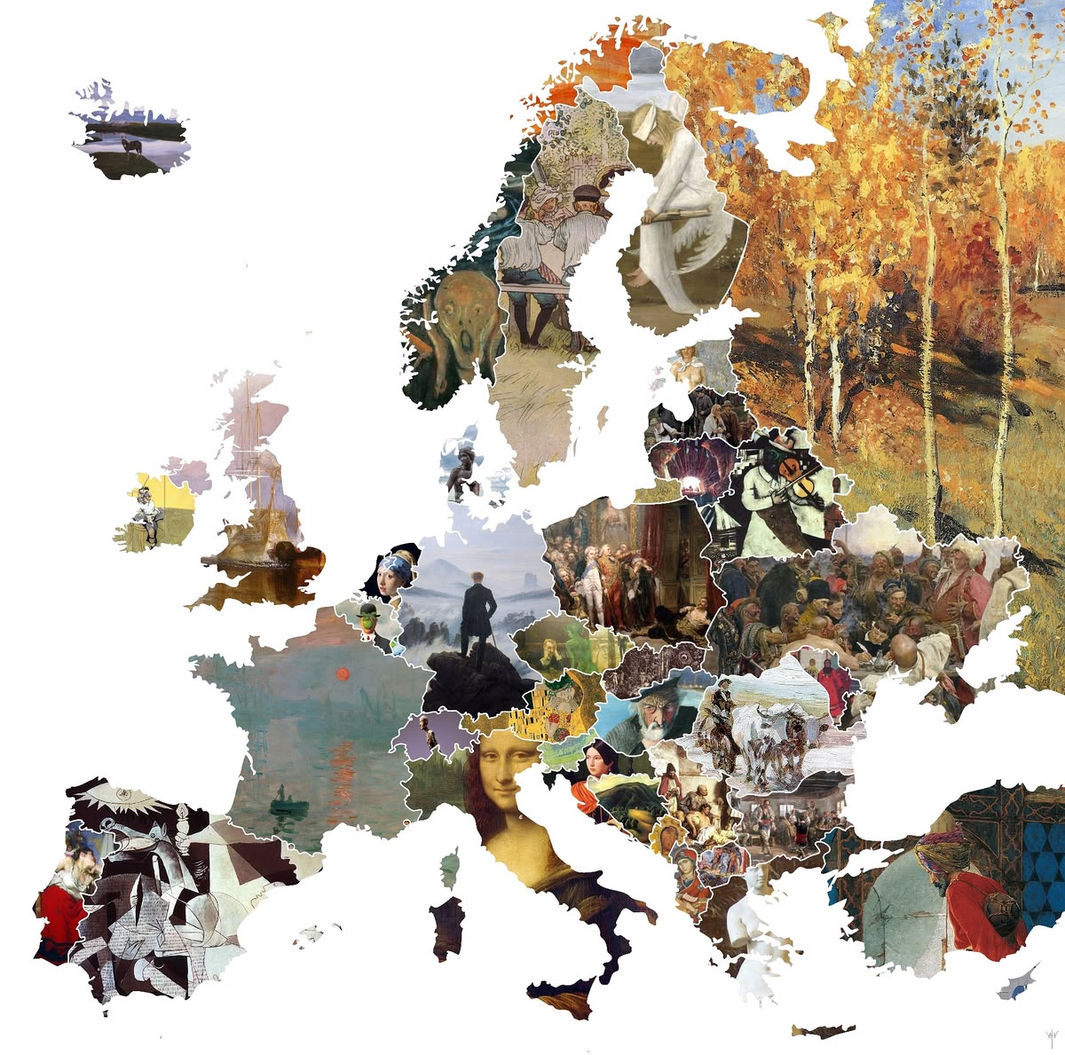 A map of Europe assembled from paintings, one per country