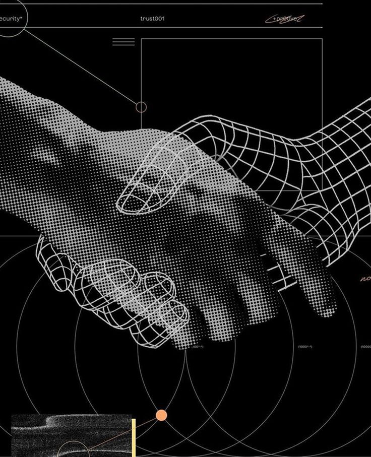 A handshake, one hand halftone and the other a wireframe