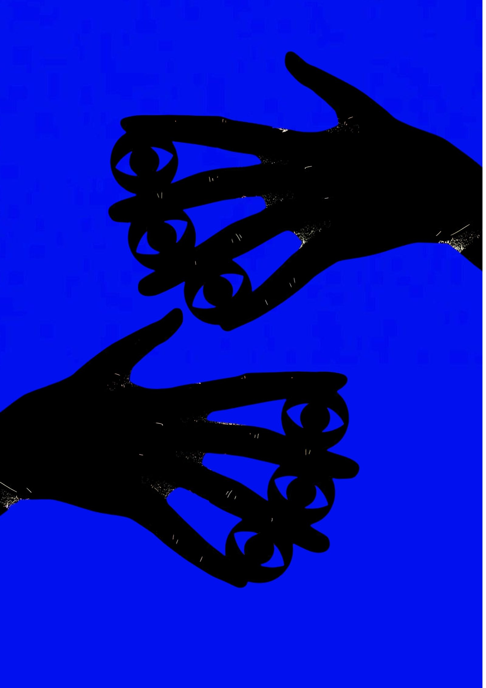 Two black hands with open eyes on their fingertips, on a blue field